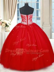 Spectacular Red Tulle Lace Up Quinceanera Gown Sleeveless Floor Length Beading