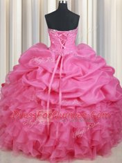 Most Popular Rose Pink Sleeveless Beading and Ruffles and Pick Ups Floor Length Quinceanera Dresses