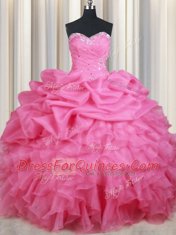 Most Popular Rose Pink Sleeveless Beading and Ruffles and Pick Ups Floor Length Quinceanera Dresses
