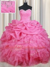 Most Popular Rose Pink Sleeveless Beading and Ruffles and Pick Ups Floor Length Quinceanera Dresses