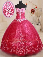 Beading and Appliques and Embroidery Sweet 16 Dress Coral Red Lace Up Sleeveless Floor Length