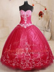 Beading and Appliques and Embroidery Sweet 16 Dress Coral Red Lace Up Sleeveless Floor Length