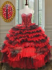 Floor Length Red And Black Sweet 16 Dress Organza Sleeveless Beading