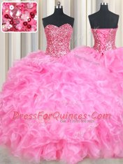 Delicate Rose Pink Organza Lace Up Sweetheart Sleeveless Floor Length Ball Gown Prom Dress Beading and Ruffles and Sequins