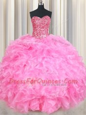 Delicate Rose Pink Organza Lace Up Sweetheart Sleeveless Floor Length Ball Gown Prom Dress Beading and Ruffles and Sequins