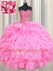 Delicate Rose Pink Organza Lace Up Sweetheart Sleeveless Floor Length Ball Gown Prom Dress Beading and Ruffles and Sequins