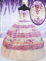 On Sale Ruffled Floor Length Ball Gowns Sleeveless White Quince Ball Gowns Lace Up