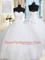 Pretty Sleeveless Tulle Floor Length Lace Up Vestidos de Quinceanera in White with Beading