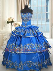 Blue 15 Quinceanera Dress Military Ball and Sweet 16 and Quinceanera and For with Beading and Embroidery and Ruffled Layers Sweetheart Sleeveless Lace Up