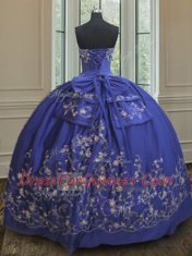 Smart Sleeveless Taffeta Floor Length Lace Up Ball Gown Prom Dress in Royal Blue with Embroidery and Bowknot