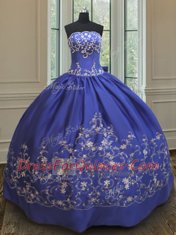 Smart Sleeveless Taffeta Floor Length Lace Up Ball Gown Prom Dress in Royal Blue with Embroidery and Bowknot