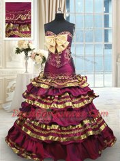 Burgundy Sweetheart Lace Up Beading and Ruffled Layers and Bowknot Sweet 16 Dresses Brush Train Sleeveless