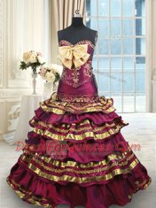 Burgundy Sweetheart Lace Up Beading and Ruffled Layers and Bowknot Sweet 16 Dresses Brush Train Sleeveless