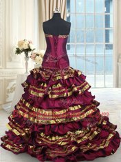 Burgundy Sweetheart Lace Up Beading and Ruffled Layers and Bowknot Sweet 16 Dresses Brush Train Sleeveless
