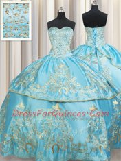 Sweetheart Sleeveless Taffeta Quince Ball Gowns Beading and Embroidery Lace Up