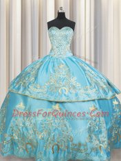 Sweetheart Sleeveless Taffeta Quince Ball Gowns Beading and Embroidery Lace Up