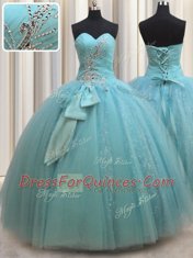 Modern Floor Length Aqua Blue 15 Quinceanera Dress Sweetheart Sleeveless Lace Up