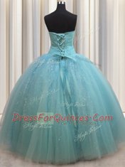 Modern Floor Length Aqua Blue 15 Quinceanera Dress Sweetheart Sleeveless Lace Up
