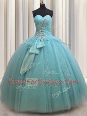 Modern Floor Length Aqua Blue 15 Quinceanera Dress Sweetheart Sleeveless Lace Up