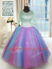 Scoop Long Sleeves Lace Up 15th Birthday Dress Multi-color Tulle