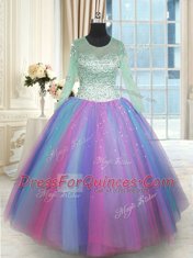 Scoop Long Sleeves Lace Up 15th Birthday Dress Multi-color Tulle