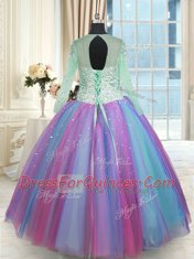 Scoop Long Sleeves Lace Up 15th Birthday Dress Multi-color Tulle
