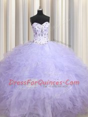 Luxurious Beading and Ruffles Quinceanera Dress Lavender Lace Up Sleeveless Floor Length
