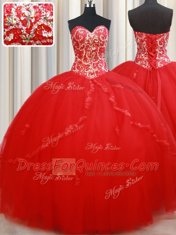 Fantastic Ball Gowns Sweet 16 Quinceanera Dress Red Sweetheart Tulle Sleeveless Floor Length Lace Up