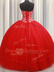 Fantastic Ball Gowns Sweet 16 Quinceanera Dress Red Sweetheart Tulle Sleeveless Floor Length Lace Up