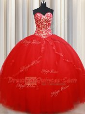 Fantastic Ball Gowns Sweet 16 Quinceanera Dress Red Sweetheart Tulle Sleeveless Floor Length Lace Up