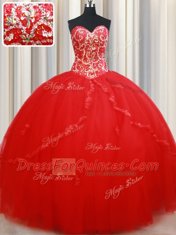 Fantastic Ball Gowns Sweet 16 Quinceanera Dress Red Sweetheart Tulle Sleeveless Floor Length Lace Up