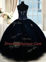 Navy Blue Ball Gowns Strapless Sleeveless Tulle Floor Length Lace Up Beading Quinceanera Dress