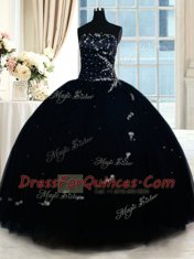 Navy Blue Ball Gowns Strapless Sleeveless Tulle Floor Length Lace Up Beading Quinceanera Dress