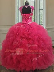 Hot Selling Hot Pink Quinceanera Gown Military Ball and Sweet 16 and Quinceanera and For with Beading and Ruffles Square Cap Sleeves Lace Up