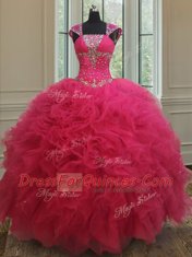 Hot Selling Hot Pink Quinceanera Gown Military Ball and Sweet 16 and Quinceanera and For with Beading and Ruffles Square Cap Sleeves Lace Up