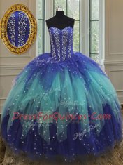 Hot Selling Sweetheart Sleeveless Lace Up Sweet 16 Dress Royal Blue and Aqua Blue Tulle