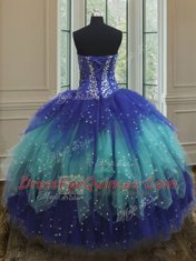Hot Selling Sweetheart Sleeveless Lace Up Sweet 16 Dress Royal Blue and Aqua Blue Tulle