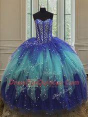 Hot Selling Sweetheart Sleeveless Lace Up Sweet 16 Dress Royal Blue and Aqua Blue Tulle