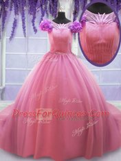 Rose Pink Quinceanera Gown Scoop Cap Sleeves Court Train Lace Up
