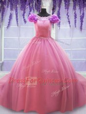 Rose Pink Quinceanera Gown Scoop Cap Sleeves Court Train Lace Up
