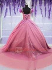 Rose Pink Quinceanera Gown Scoop Cap Sleeves Court Train Lace Up