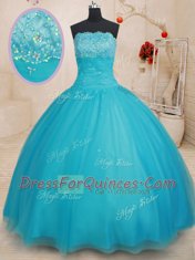 Great Scalloped Aqua Blue Sleeveless Floor Length Beading Lace Up Quinceanera Gown