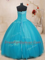 Great Scalloped Aqua Blue Sleeveless Floor Length Beading Lace Up Quinceanera Gown