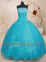 Great Scalloped Aqua Blue Sleeveless Floor Length Beading Lace Up Quinceanera Gown