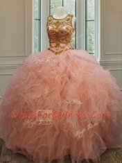 See Through Scoop Sleeveless Tulle Ball Gown Prom Dress Beading and Ruffles Lace Up