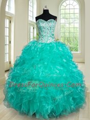 Sleeveless Organza Floor Length Lace Up Ball Gown Prom Dress in Turquoise with Beading and Ruffles