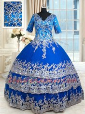 Royal Blue Ball Gowns V-neck Half Sleeves Satin Floor Length Zipper Beading and Lace and Ruffled Layers Sweet 16 Dresses