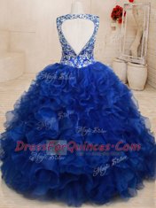 Romantic Royal Blue Backless Quince Ball Gowns Beading and Embroidery and Ruffles Sleeveless Floor Length