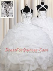 Suitable Straps White Organza Lace Up 15 Quinceanera Dress Sleeveless Floor Length Beading and Ruffles and Pick Ups