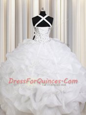 Suitable Straps White Organza Lace Up 15 Quinceanera Dress Sleeveless Floor Length Beading and Ruffles and Pick Ups